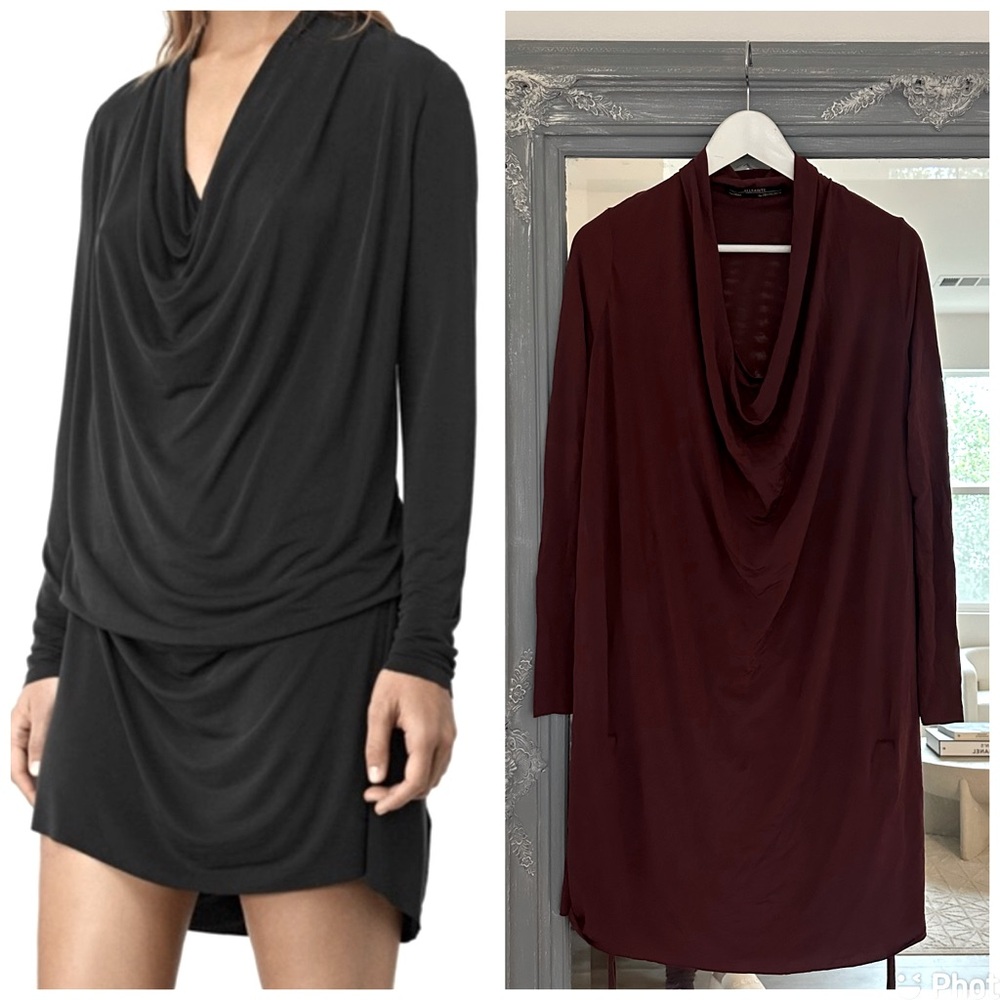 All Saints Amei Draped‎ Cowl Neck Shift Dress Burgundy Indie Rock Grunge S